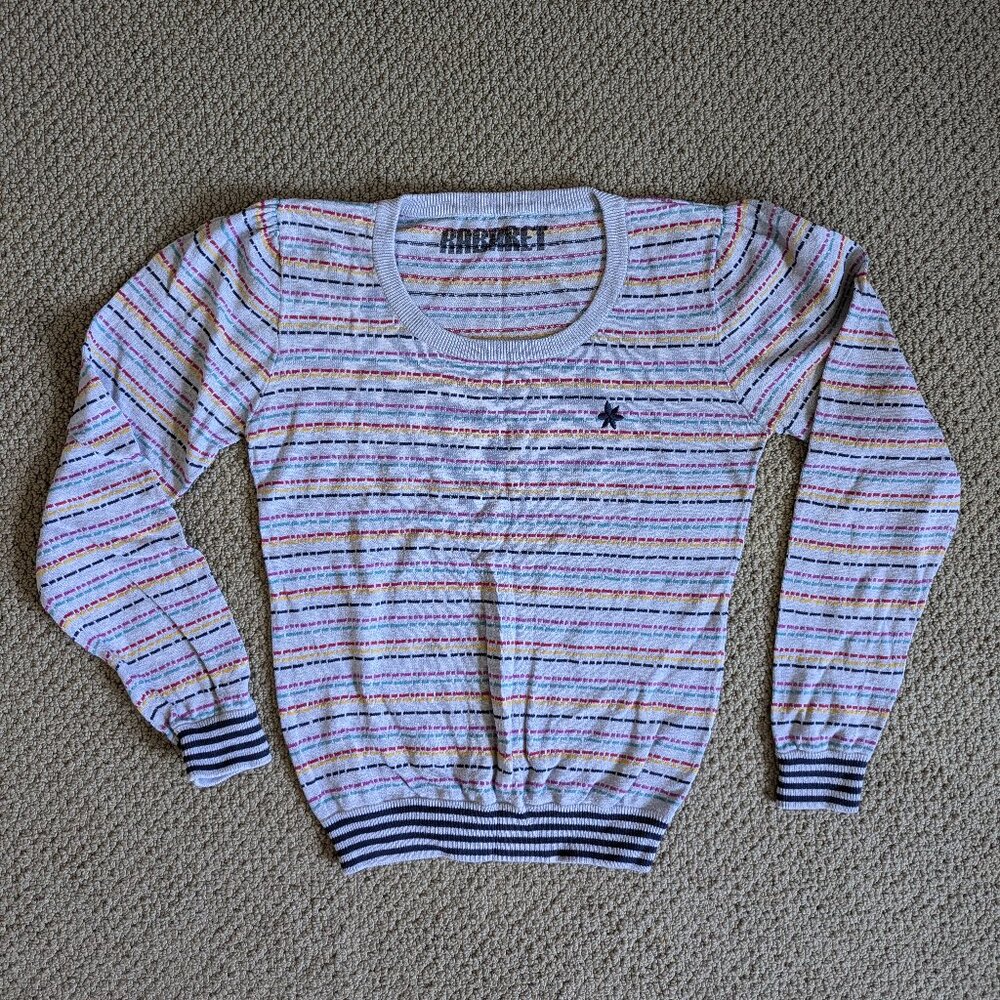 Retro Lightweight Sweater – Grey with Multicolor Stripes and Embroidered Flower